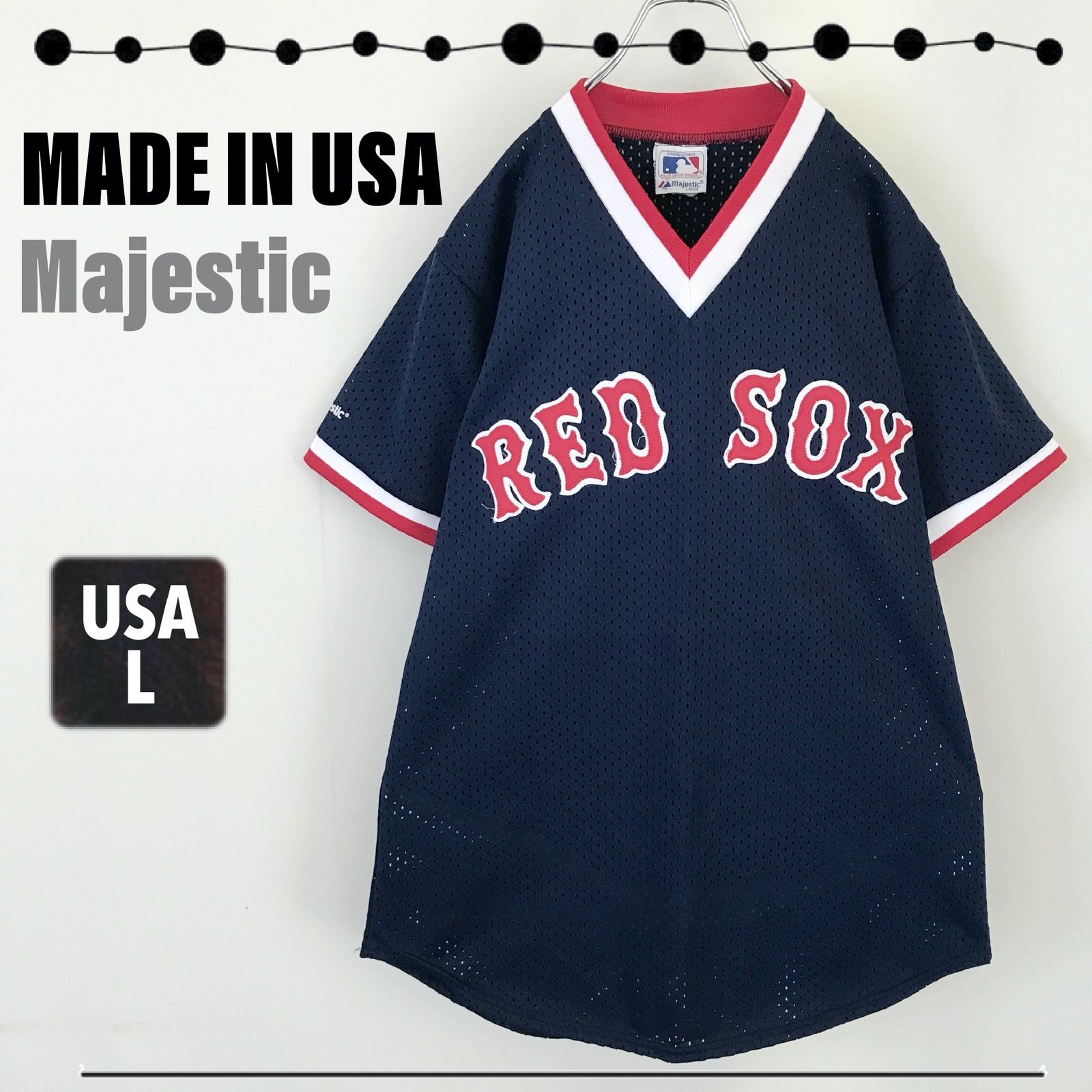 USA製 Majestic マジェスティック★RED SOX ボストン  レッドソックス★ジャージ★レトロユニフォーム★Vネックプルオーバー★メッシュ★USAメンズL 2403M120