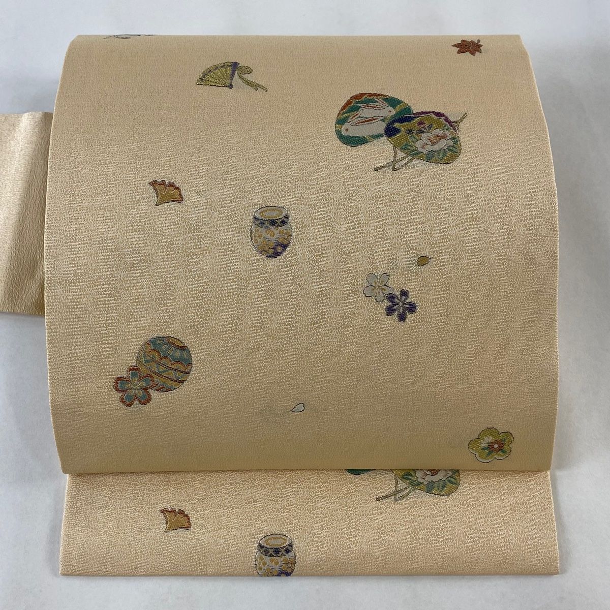 名古屋帯 貝合わせ うさぎ 金糸 薄オレンジ 正絹