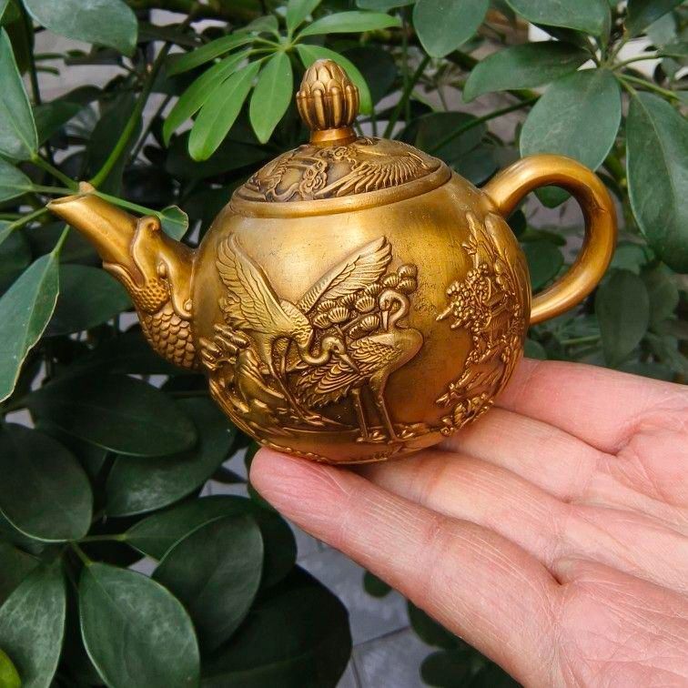 銅器 細工 魚嘴鶴茶壺 徳利 茶道具 現代工芸品 美術品 置物 銅器