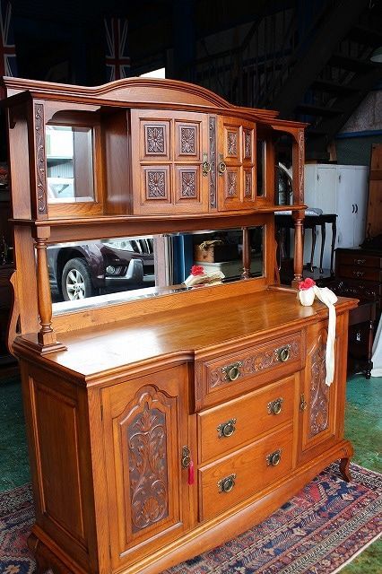 イギリス アンティーク 家具 ミラーバックサイドボード 食器棚 英国