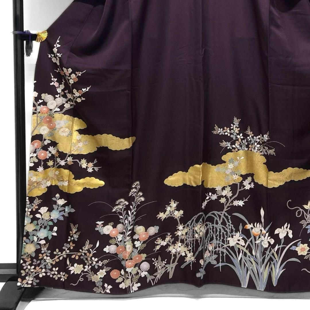 訪問着 金駒刺繍 金彩 菊 牡丹 梅 椿 鉄線 パープル 着物 092w d 訪問着 金駒刺繍 金彩 菊 牡丹 梅 椿 鉄線 パープル 着物 092w d