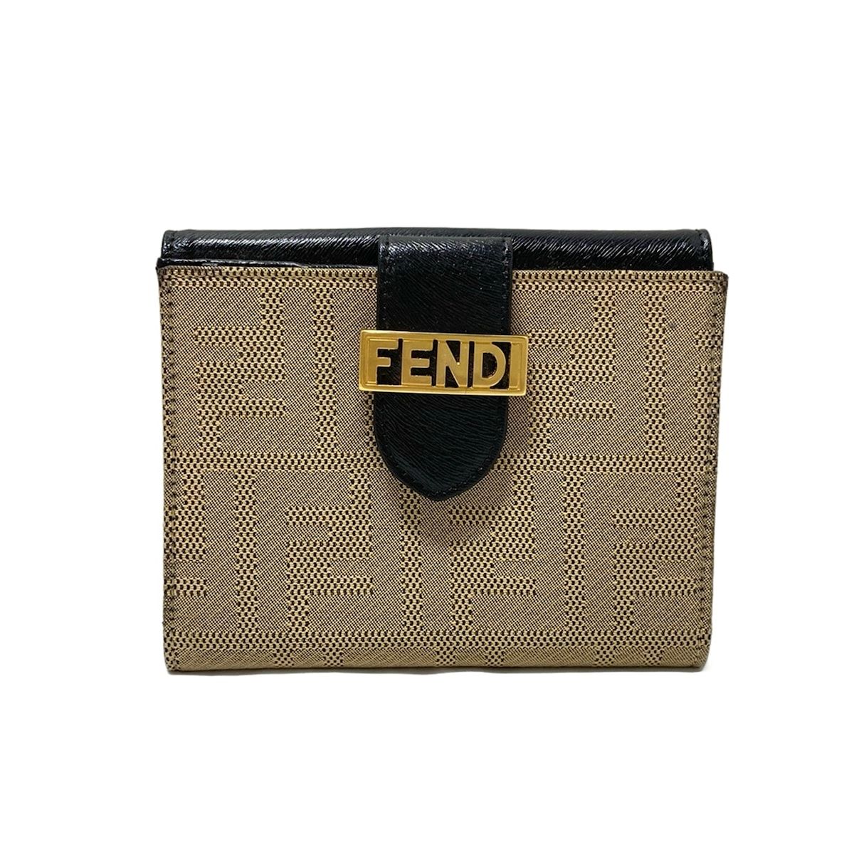 FENDI フェンディ Wホック財布 ズッカ柄 8M0035 ベージュ×黒 レザー