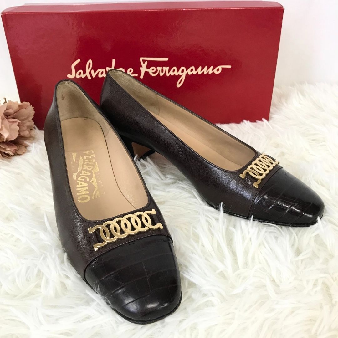 フェラガモ パンプス クロコ型押し エナメル レザー 赤茶/6/23.5