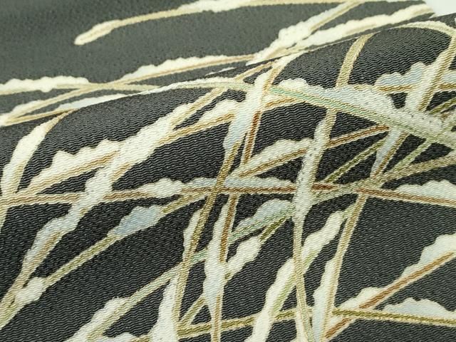 平和屋本店□極上 九寸名古屋帯 雪持ち芝草文 金銀彩 鬼しぼ縮緬 藍媚