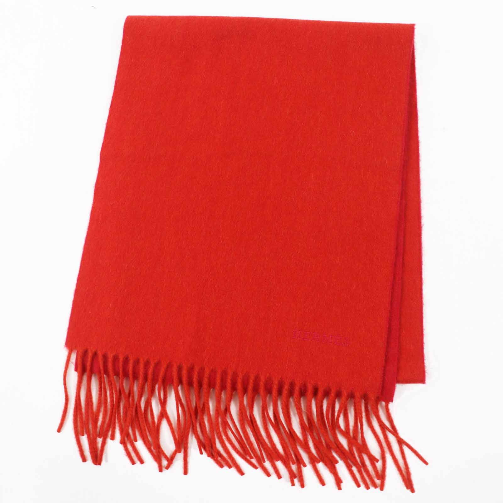 ◎HERMES エルメス カシミヤ100％ バイ リバーシブル ロゴ刺繍入り フリンジ付き マフラー オレンジ レッド き イタリア製 レディース