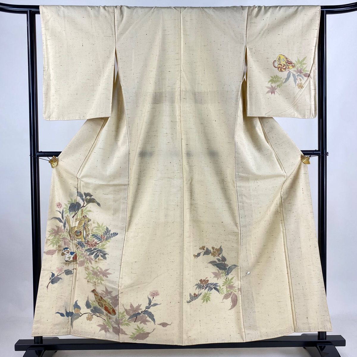 付下げ 身丈167.5cm 裄丈69cm L 薄物 紗 紬地 かに 草花 ベージュ 正絹  