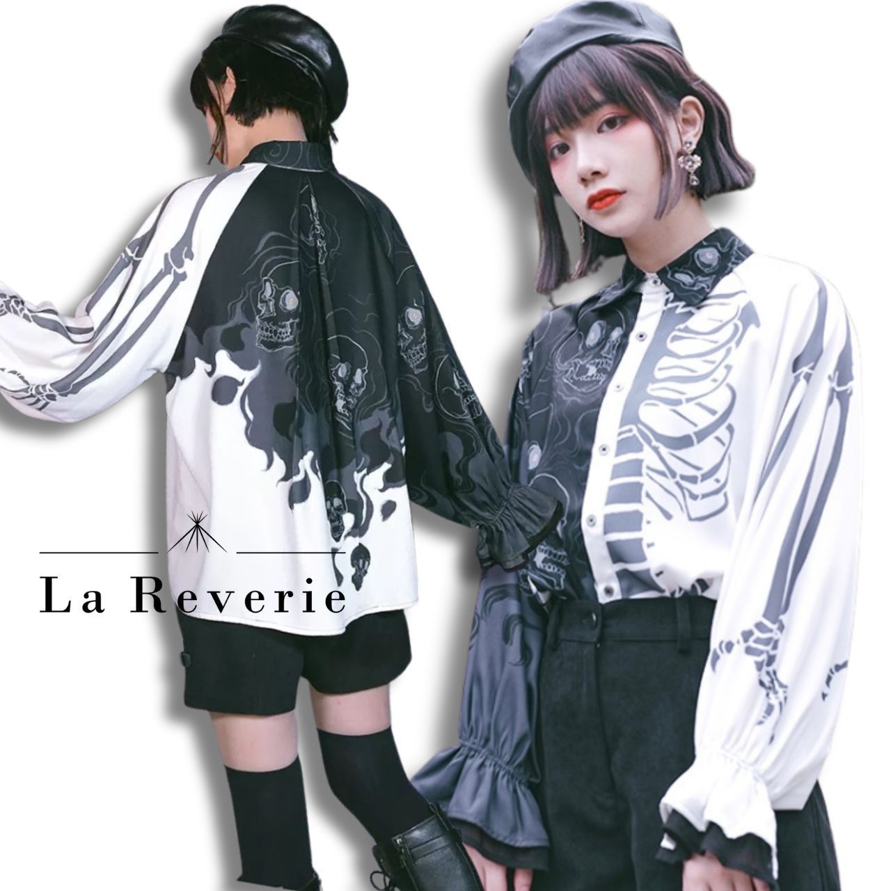 サブカル 服 病み ブラウス サブカル スカル ドクロ ランタンスリーブ 病み ストリート系 黒ゴス ゴシック シャツ サブカル 渋