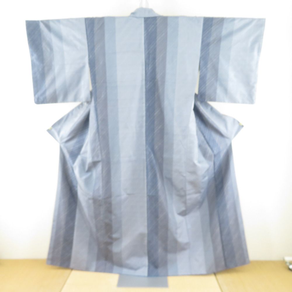 紬 着物 大島紬 青色ｘ灰色 縞模様 広衿 正絹 仕立て上がり着物 身丈158cm