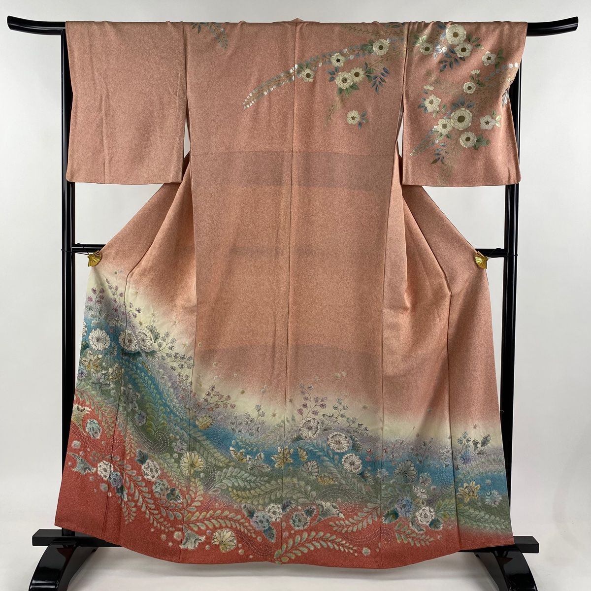 訪問着 身丈161.5cm 裄丈67.5cm L 袷 辻が花柄 銀通し ぼかし ピンクベージュ 正絹 名品