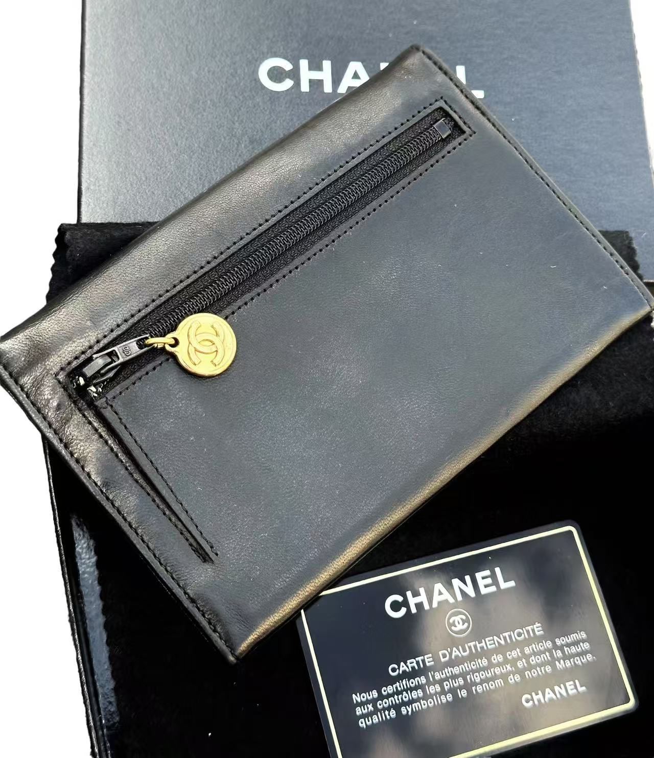 本物シャネルCHANELデカココマークヴィンテージVintageラムスキンカーフCCカードケース名刺入れ小物入れ財布贈り物黒ブラック黒金