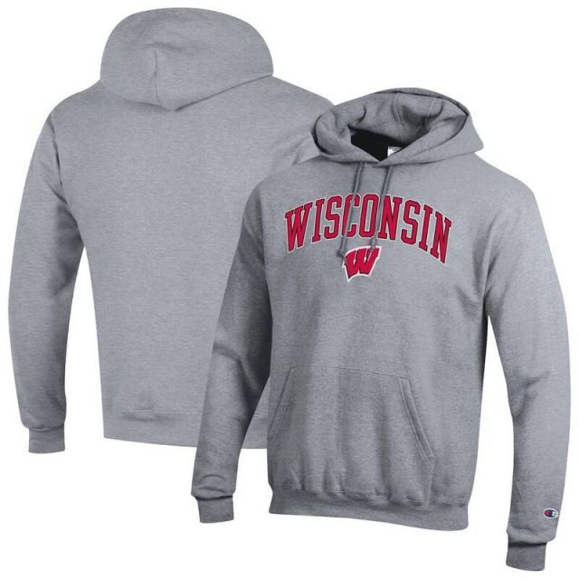 【送料無料】 チャンピオン メンズ Tシャツ トップス Men'sChampion Heather Gray Wisconsin Badgers Arched Logo Fleece Pullover Hoodie Wis Grey