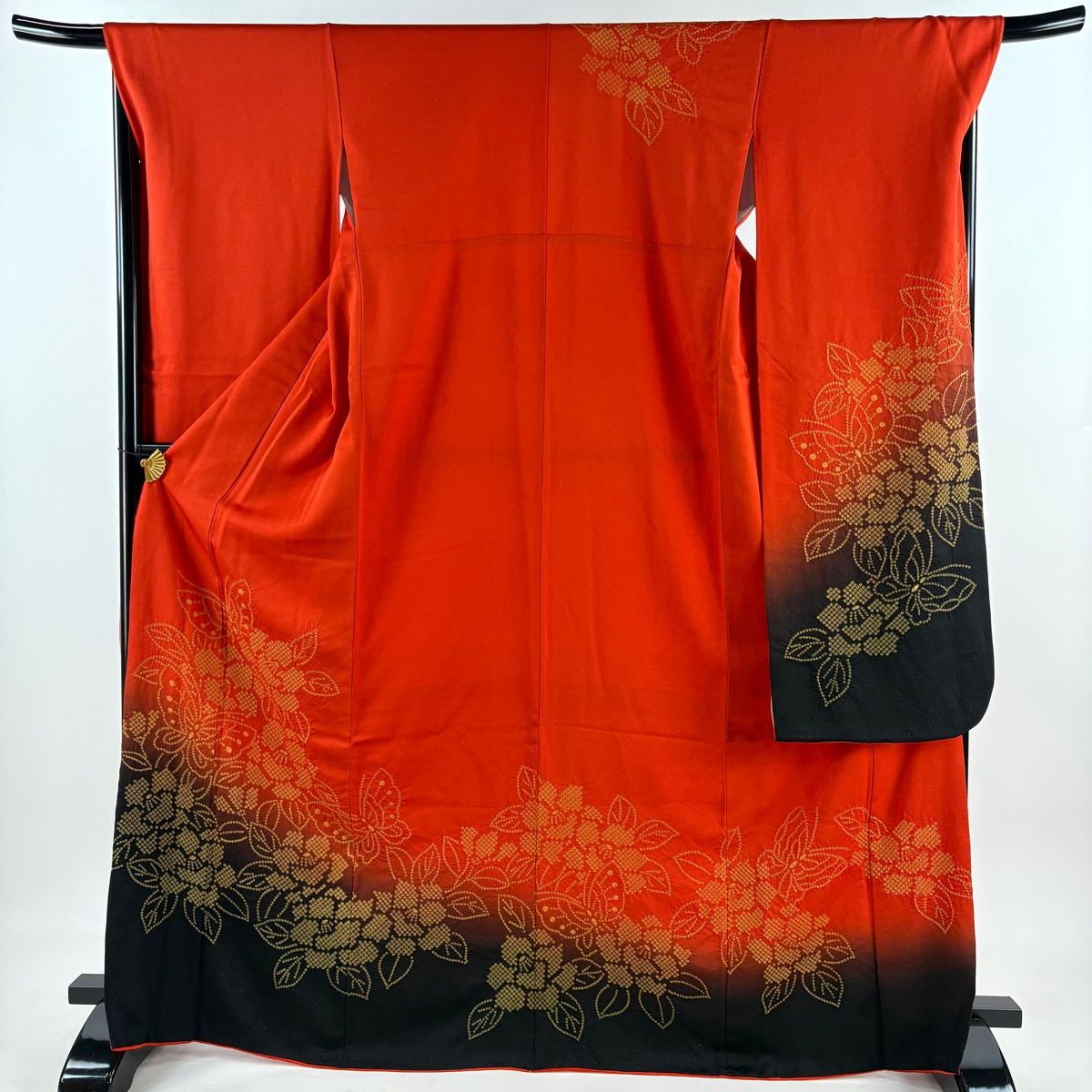 振袖 身丈169.5cm 裄丈68cm L 袷 草花 蝶 金通し 染め分け 朱色 正絹 名品