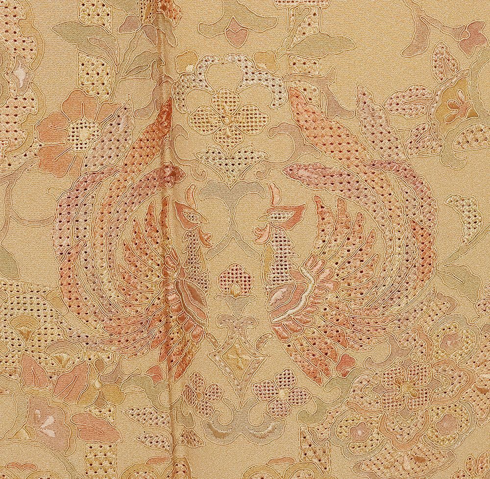 訪問着 袷 正絹 オレンジ 刺繍 正倉院文様 向い鳳凰 唐花 華文 Sサイズ  