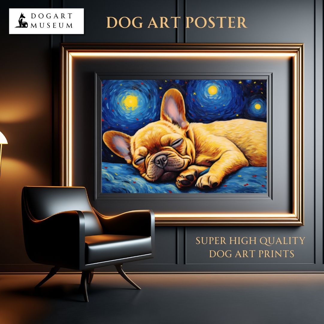 The starry night - French Bulldog Puppy Dog 01（星降る夜 - フレンチブルドッグ犬の子犬）アートポスター 犬の絵 犬の絵画 犬のイラスト