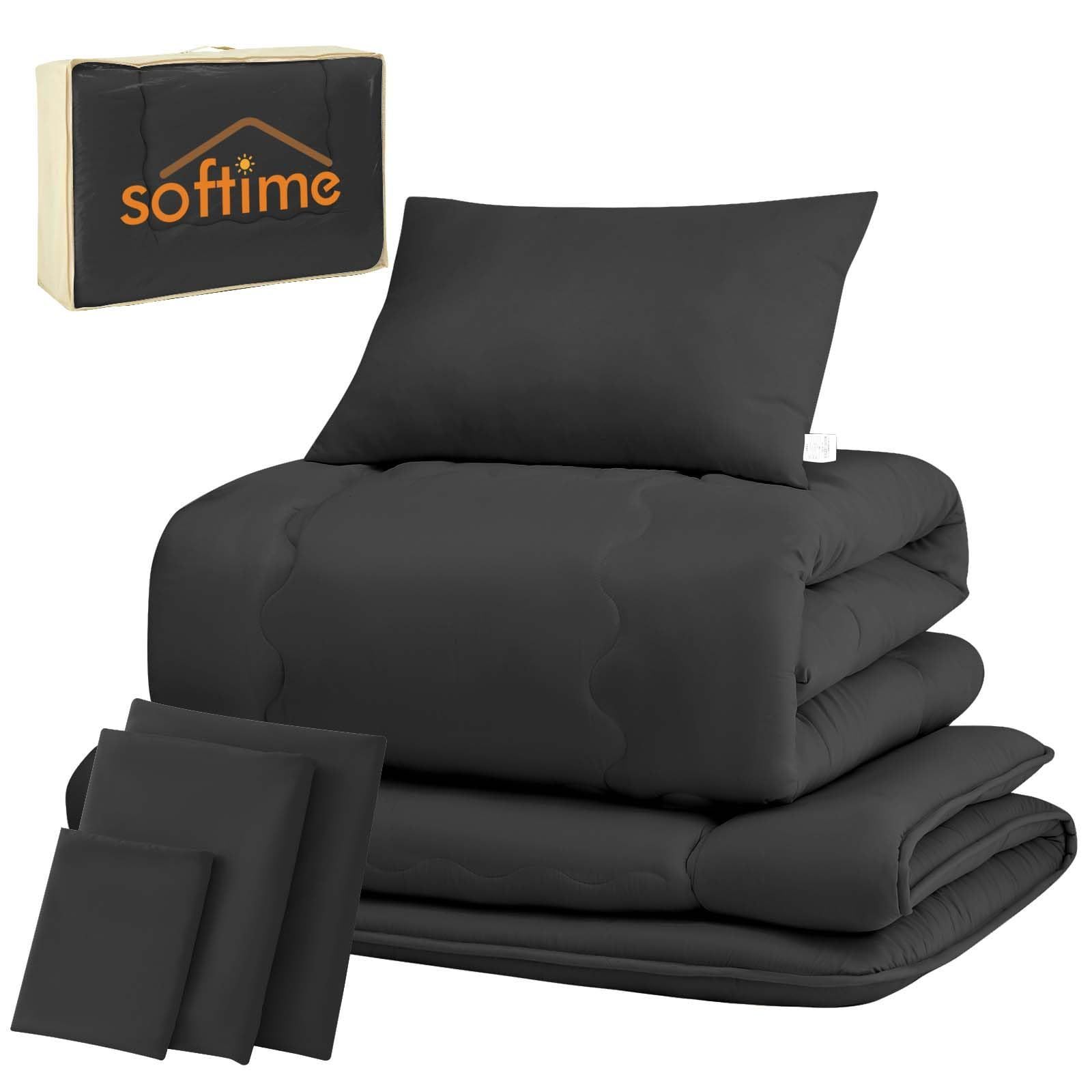 Softime 布団セット シングル 7点セット 中綿1.6kg掛け布団 高密度固綿入り 三層敷き布団 ふわふわ枕 カバー3点 便利な収納ケース 来客用布団セット SEK認証 抗菌 防臭 寝具セット ピーチスキン加工 オールシーズン ブラック