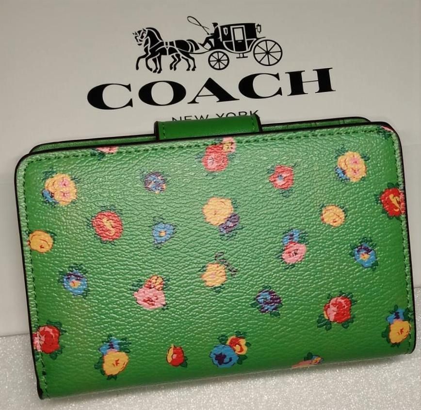 COACH 新品 グリーン バラ レディース 折り財布 コーチ 緑 花柄 財布