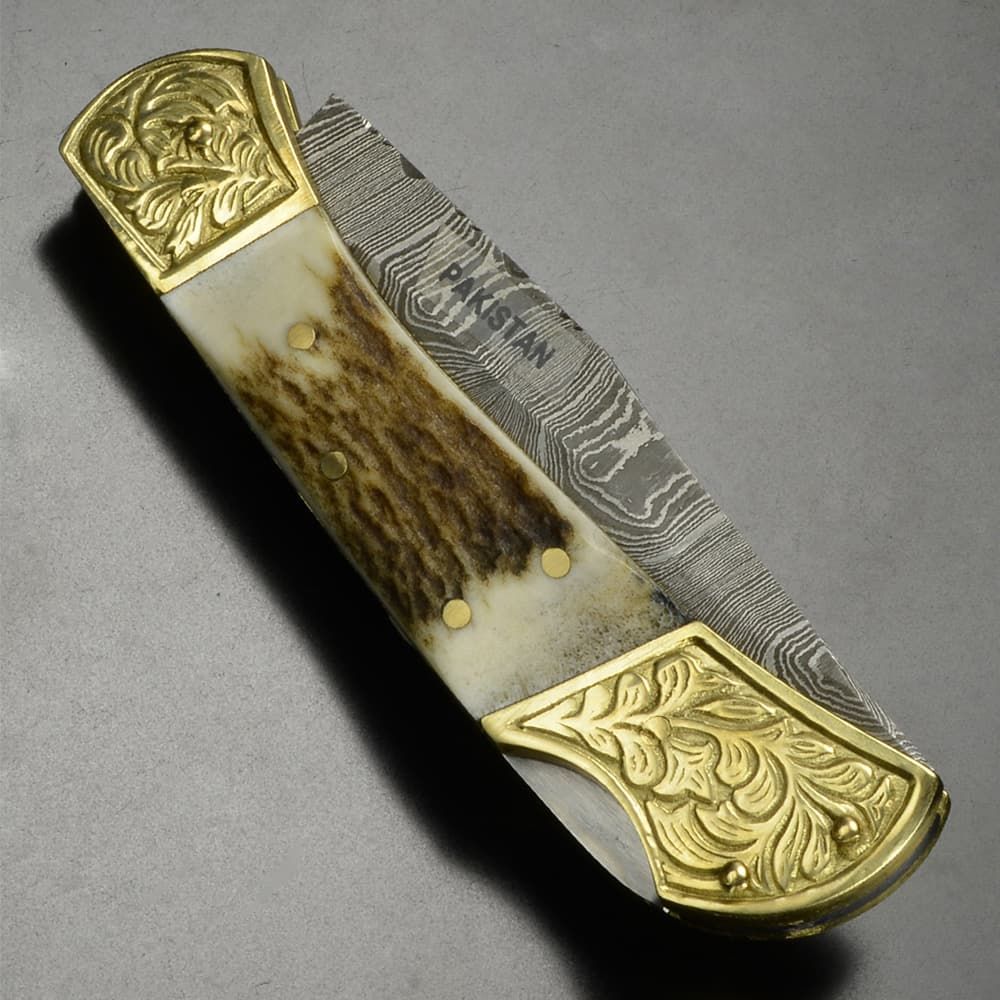 Damascus 折りたたみナイフ 鹿角 ダマスカスブレード 彫刻入り