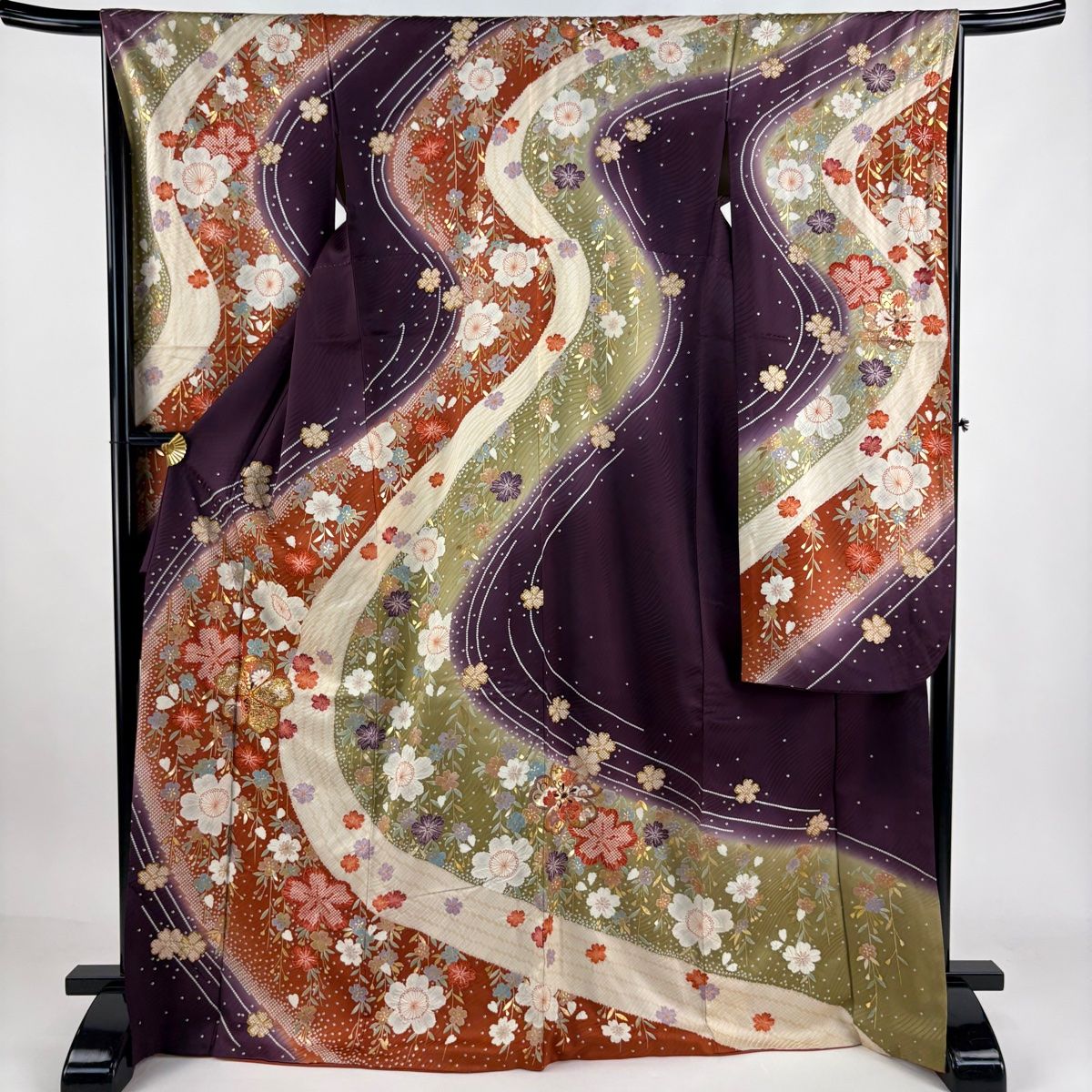 振袖 身丈169cm 裄丈66.5cm M 袷 枝垂れ桜 流水 刺繍 箔 紫 正絹 名品