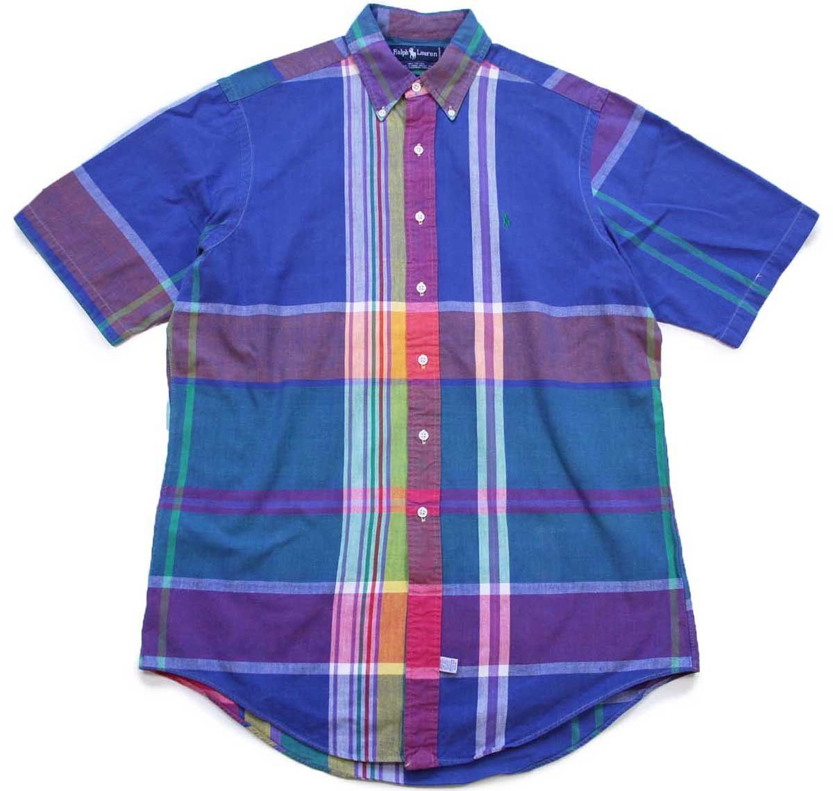 90s ラルフローレン マドラスチェック ボタンダウン 半袖 コットンシャツ L オールド ビンテージ 手織り ロゴ刺繍 オーバーサイズ