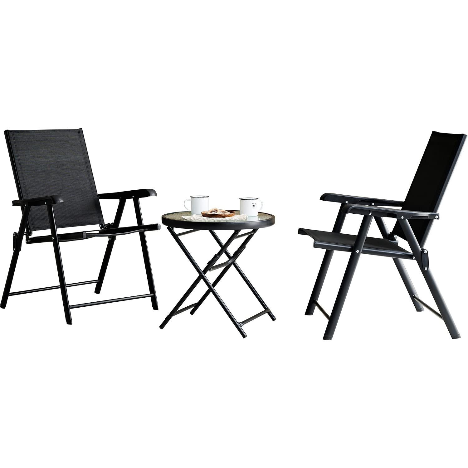 数量 折りたたみ 完成品 強化ガラス テーブル メッシュ素材 2脚 ブラック 椅子 ガーデンセット 1台 ガーデンテーブルセット LGS-4682S-BK 萩原 Hagihara
