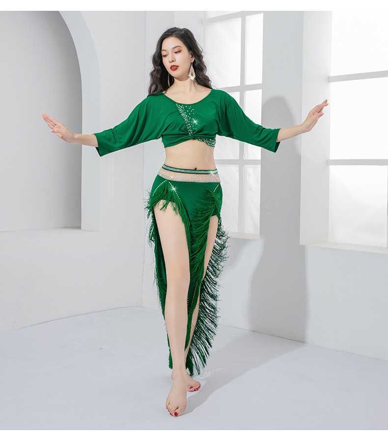 ベリーダンス用衣装】黄緑色 レッスン着 上下セット 無地 トップス