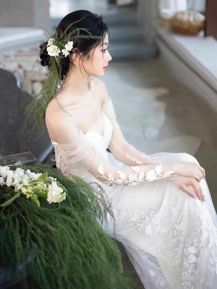 送料無料 フレンチ森系 軽やかウエディングドレス オフショルダー 新婦 気品あふれる個性派 婚約ドレス パーティー用 マーメイド シフォンドレス-9.15