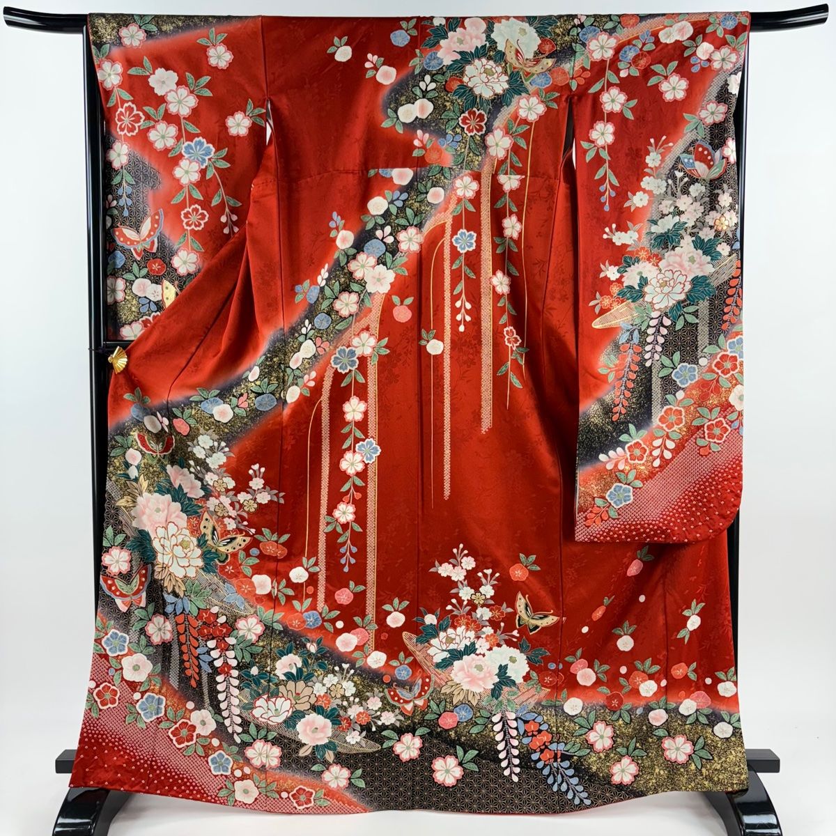 振袖 身丈169cm 裄丈64cm M 袷 牡丹 蝶 金糸 金彩 朱色 正絹
