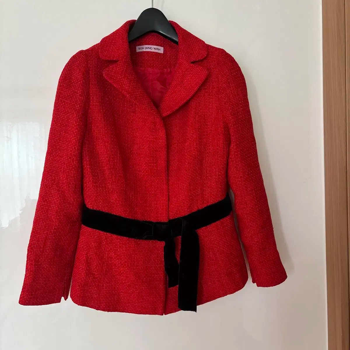 SON JUNG WAN ベロア ヘップバーン ベロア リボン レッド レッド ツイード ジャケット 通勤Look オールドマネールック