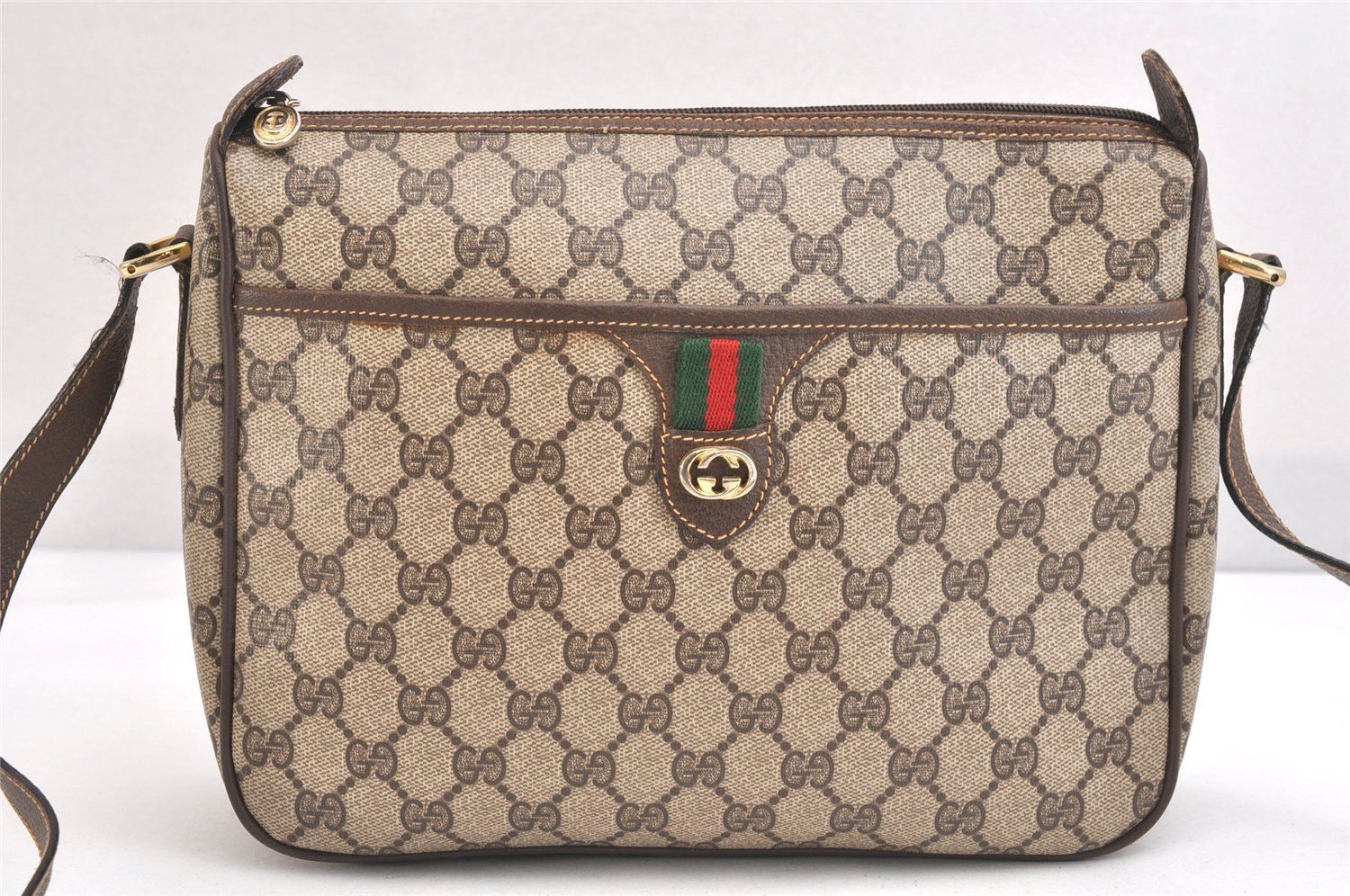 GUCCI グッチ ウェブ シェリーライン ショルダーバッグ GGピーブイシー レザー ブラウン ジャンク 2478N