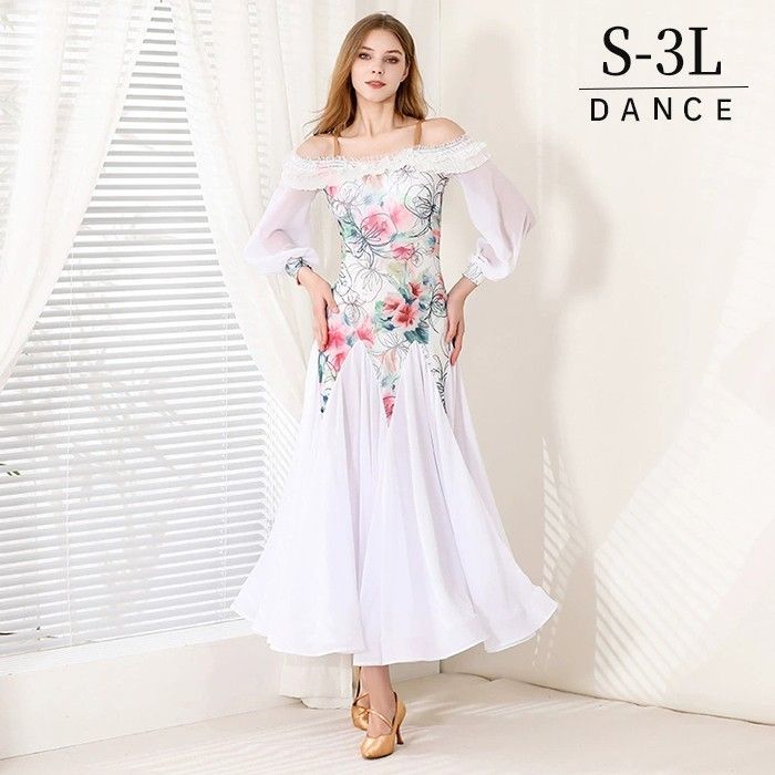 社交ダンスドレス モダンドレス 白 ホワイト 社交ダンス衣装 社交ダンス ドレス 衣装 長袖 大きい裾 ドレス ワルツダンス ステージ衣装 ダンス衣装 ダンスウェア 競技会 パーティー 発表会 競技着 練習着 舞台 演奏会 演出