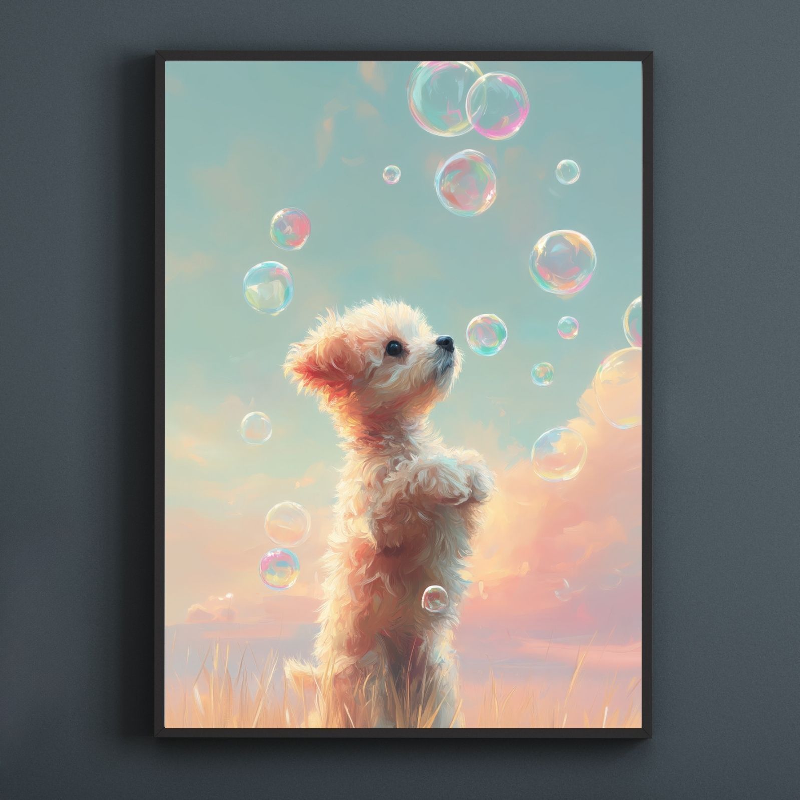 名入れOK 犬とシャボン玉 - マルプー犬 No.1 マルチーズ-トイプードル アートポスター ペットロス うちの子記念日 北欧 ナチュラル