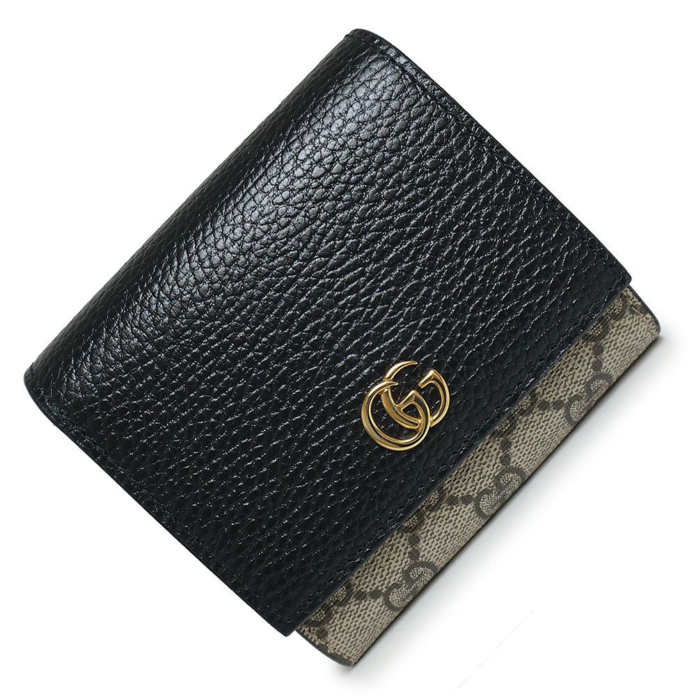 グッチ GGマーモント ダブルG バイ ミディアム ウォレット 二つ折り財布 GGスプリームキャンバス レザー ベージュ ブラック 黒 ゴールド金具 598587 GUCCI