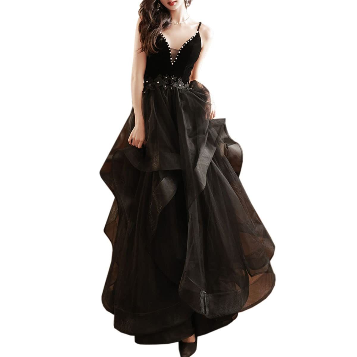 CHUMO ドレス イブニングドレス パーティードレス ロングドレス レディース 袖なし チュール Aライン ロング丈 演奏会 発表会 披露宴 お呼ばれ 結婚式 二次会 フォーマル エレガント ブラック S S