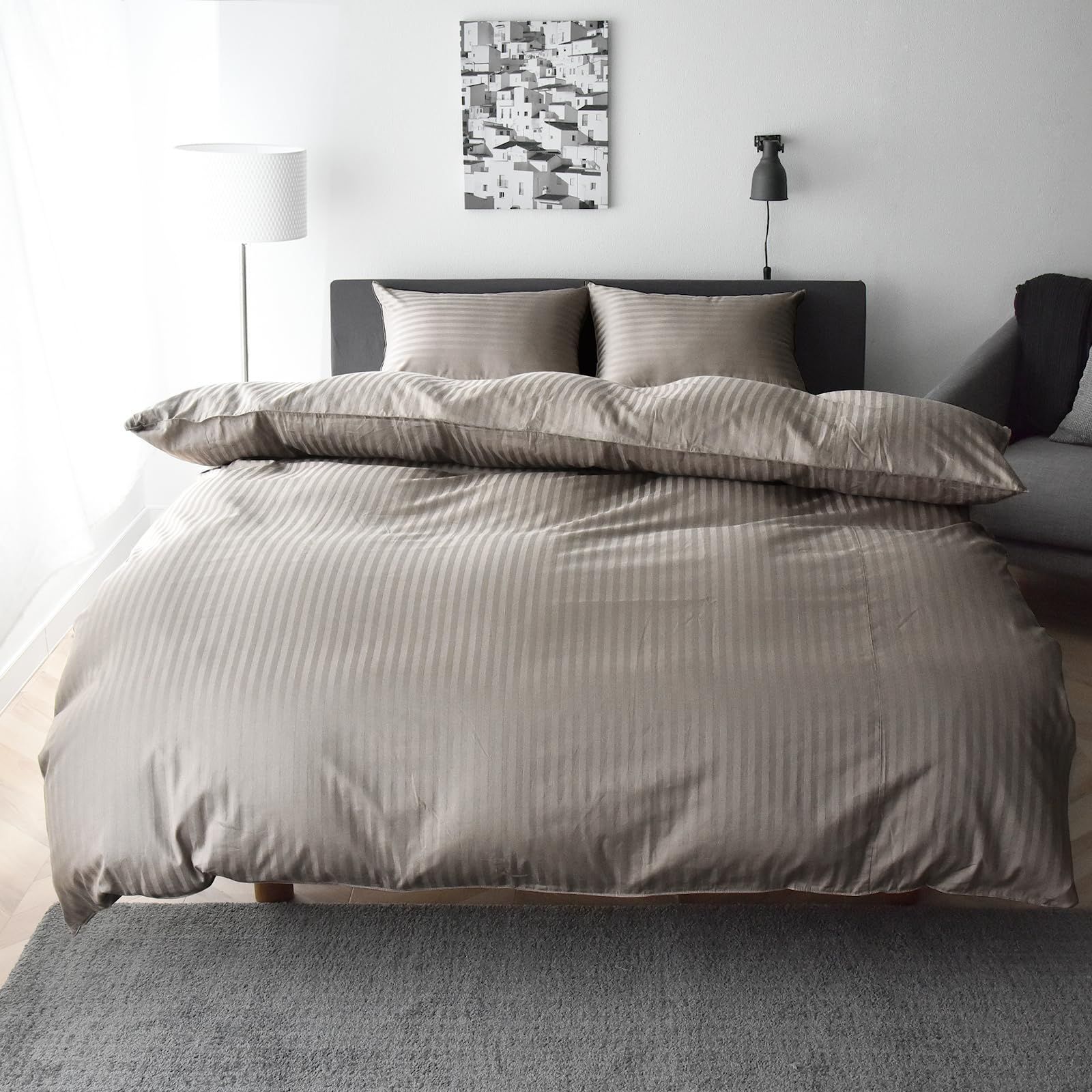日本製 掛け布団カバー クイーン 綿 サテンストライプ 高密度生地315本 防ダニ ホテル 布団カバー 北欧 おしゃれ コットン 掛けカバー エトワール クイーン グレージュ