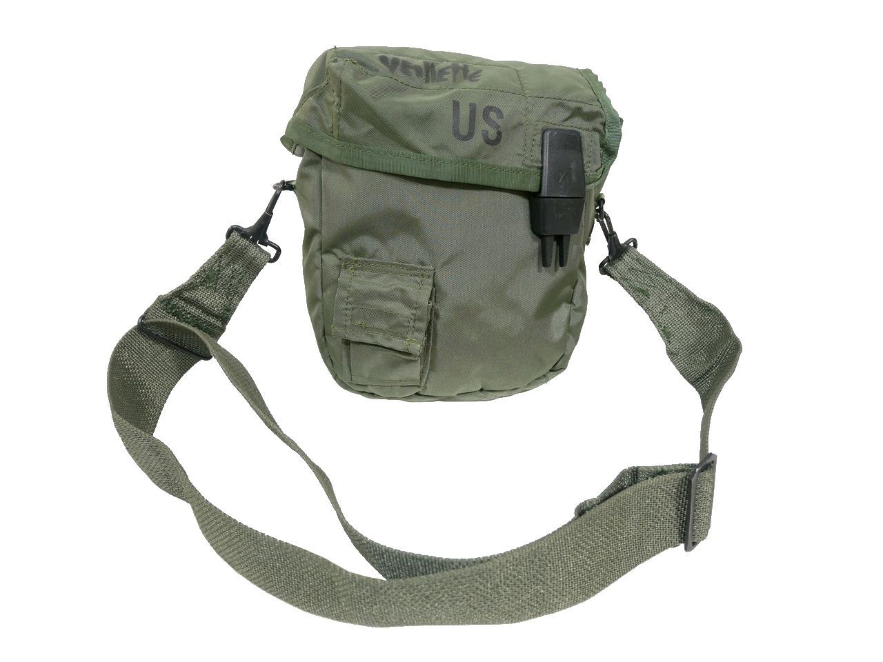 アメリカ軍 2QT キャンティーン カバー OD ストラップ付き 印字やや消え/正面書込み有/画像現品a