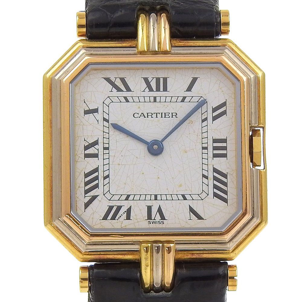 CARTIER カルティエ サンチュール LM トリニティ cal.81 K18ゴールド×型押しレザー クオーツ アナログ表示 ボーイズ 白文字盤 腕時計
