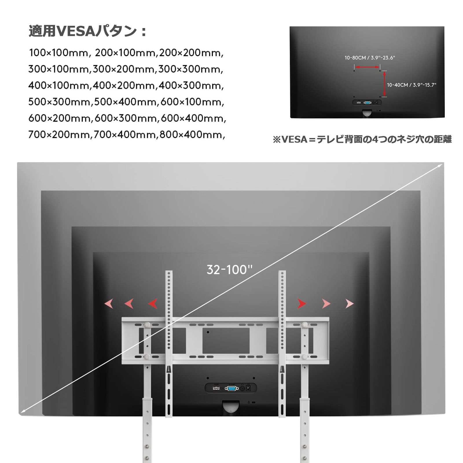 UNHO テレビスタンド 壁寄せ テレビ台 白 ハイタイプ 薄型 tvスタンド 32〜100インチ 液晶テレビ モニター 耐荷重40kg 高さ調整可能 - 1