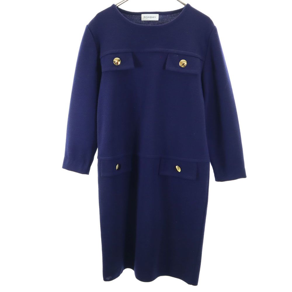 イブサンローラン Yves Saint Laurent ウール 青ニット ワンピ 美品