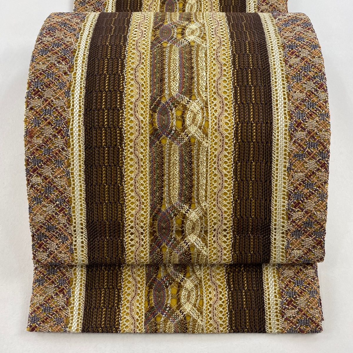袋帯 美品 名品 縞 幾何学 金糸 金色 全通 正絹 中古 袋帯 名品 やまと 縞 幾何学 金糸 茶色 全通 正絹 中古 袋帯 美品 秀