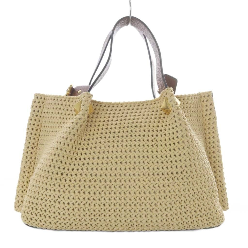 ヴァレンティノ ガラヴァーニ VALENTINO GARAVANI ラフィア ローマンスタッズ Vロゴ ハンドバッグ かごバッグ ショルダーバッグ 2way 斜め掛け ナチュラル YO8