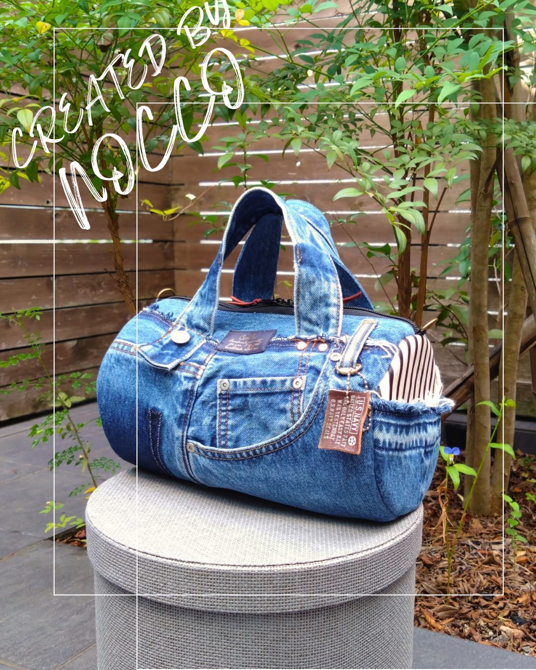 ドラム型トートバッグ デニムリメイク⑦ №768【DENIM❌️ドラム缶型ボストンバッグ♥】デニムリメイク