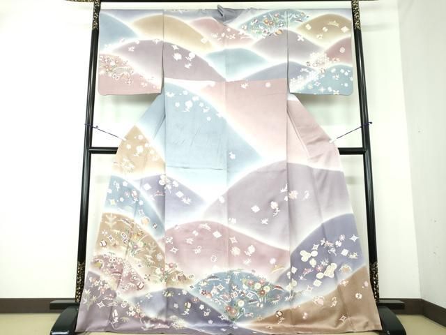 平和屋着物●訪問着　駒刺繍　宝尽くし花文　暈し染め　金彩　ロング丈　正絹　逸品　DAAQ3417ps 平和屋着物○訪問着 駒刺繍 宝尽くし花文 暈し染め 金彩 ロング丈 正絹