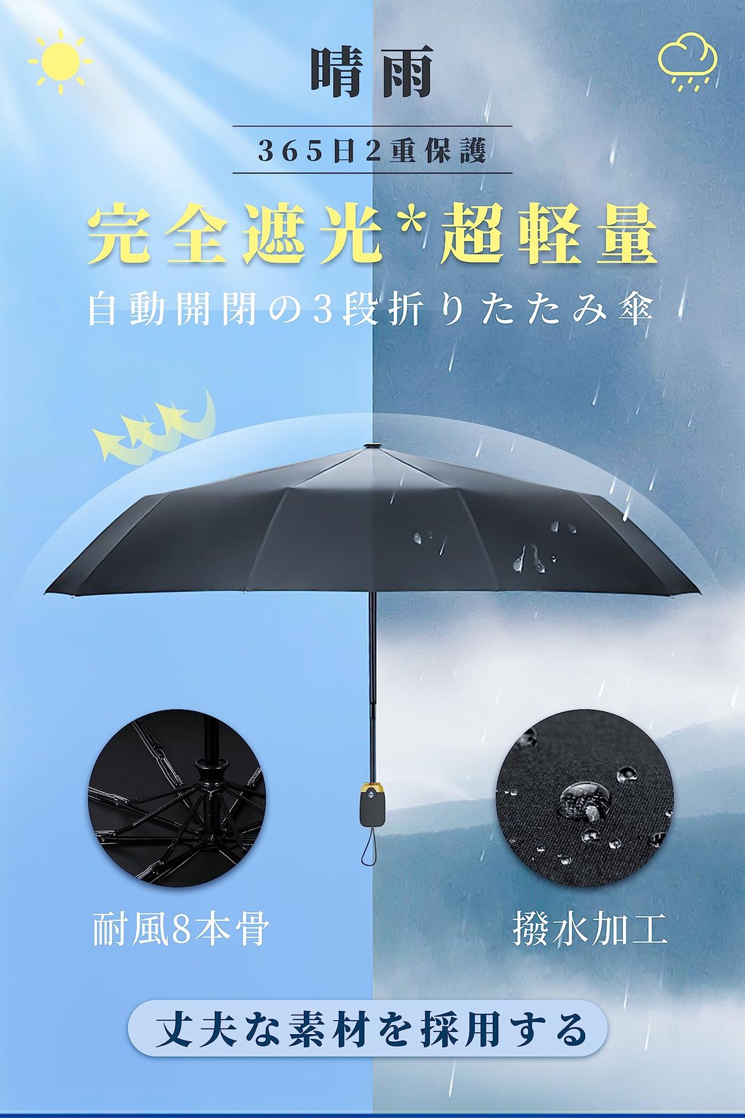 傘 うらやましく 日傘 完全遮光 折りたたみ 自動開閉 ワンタッチ 8本骨 晴雨兼用 ブルー