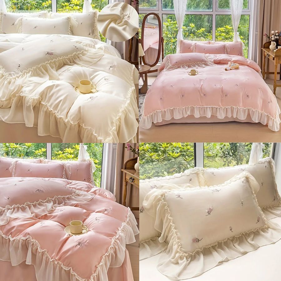 ベッド シーツ シルク 布団カバー 枕カバー シーツ クッション セット スパ 美肌 肌荒れ防止 春夏秋冬 布団カバー 4点セット アイスシルククリーム プリンセススタイル