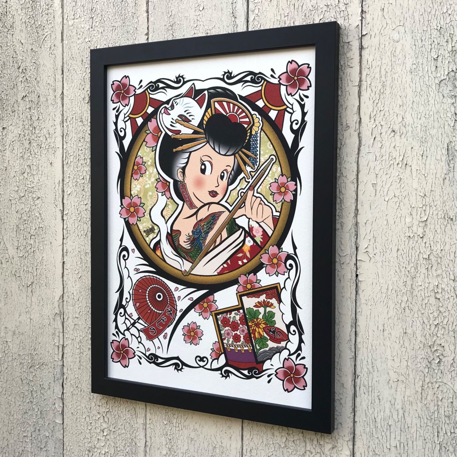 尾九 吉祥画 花魁 花札 花見で一杯 A4サイズ フレーム付き