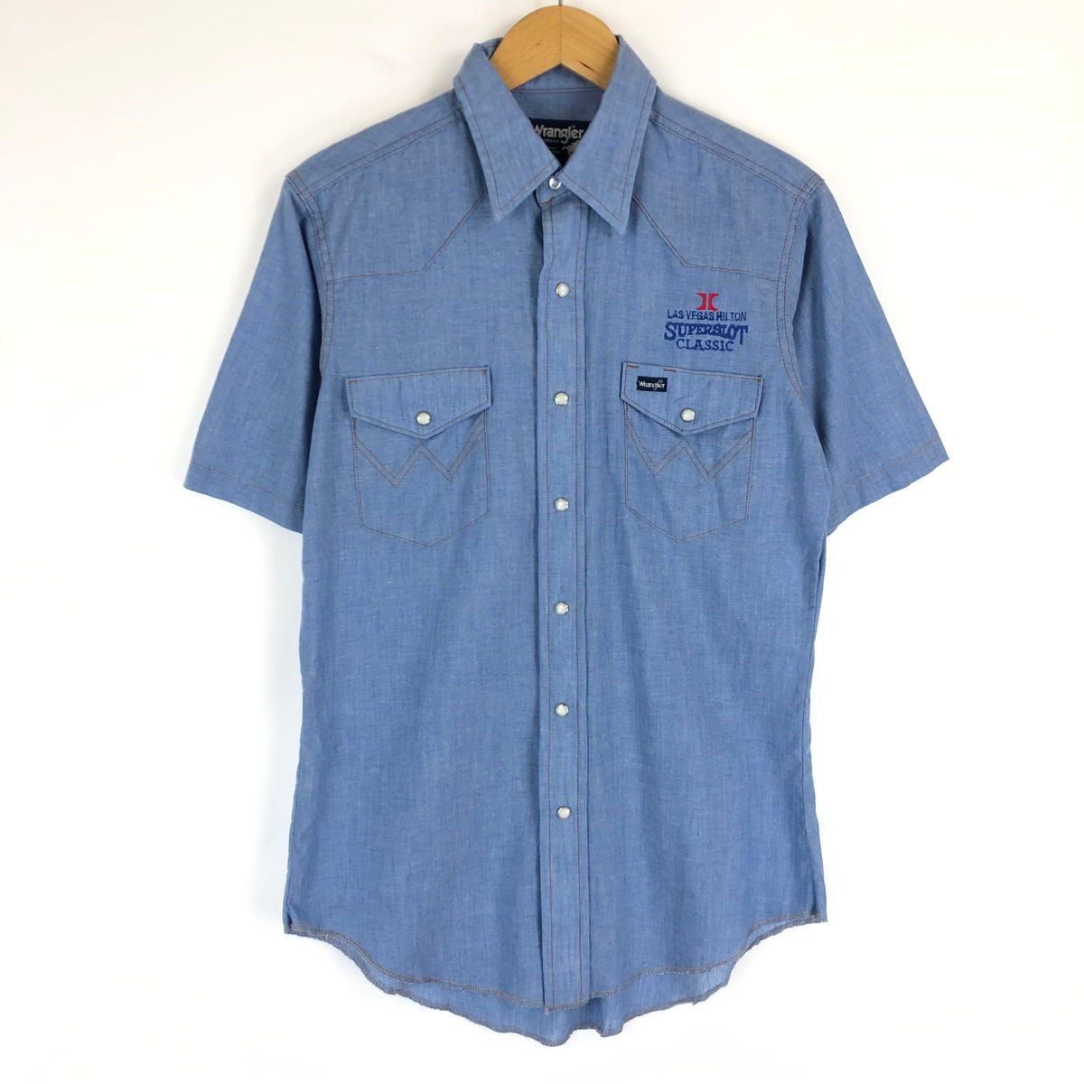 Wrangler ラングラー ウエスタンシャツ made in USA シャンブレー素材 LASVEGAS HILTON 半袖 ブルー系 メンズM n017714