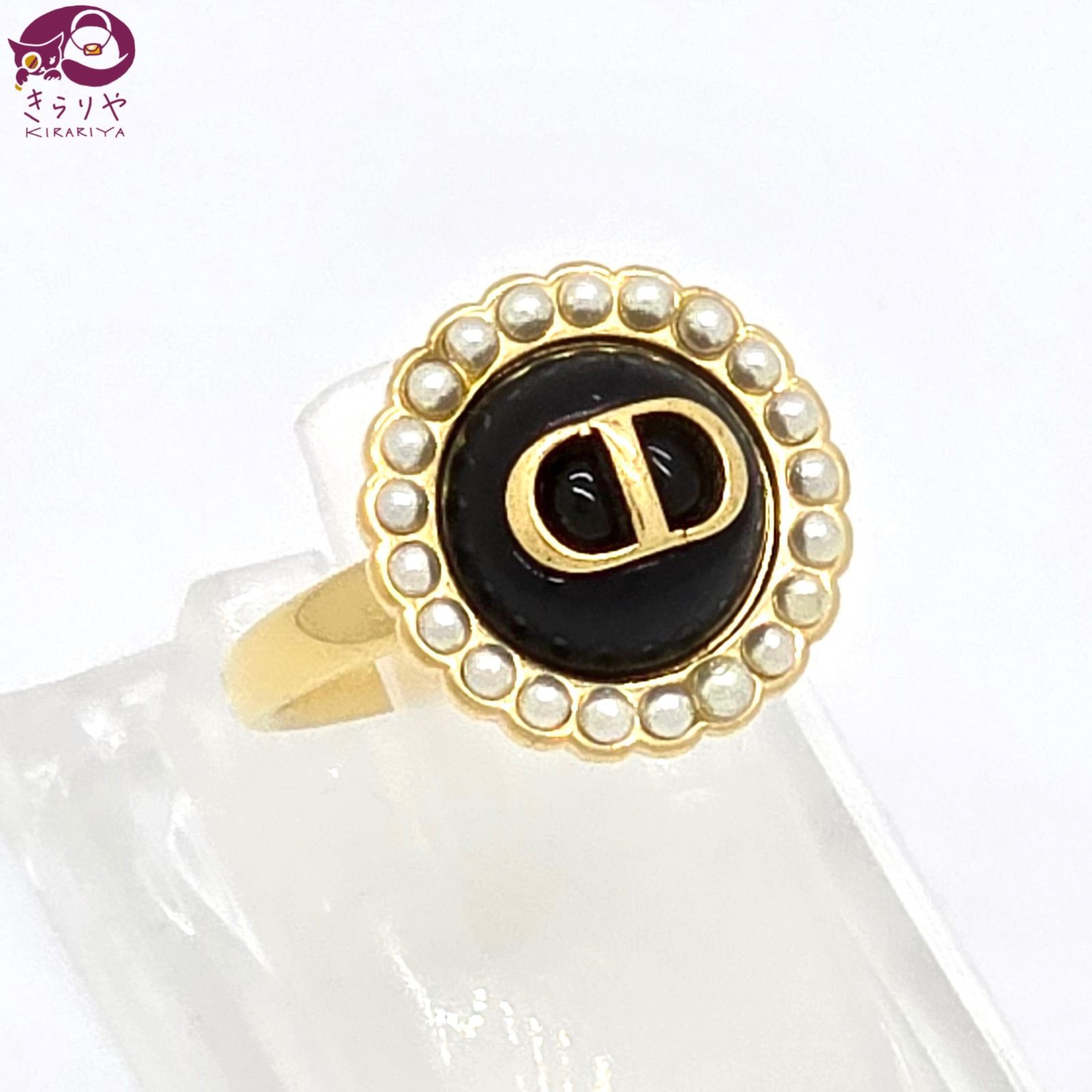DIOR ディオール Petit CD Baroque リング M 約12号 レジンパール ガラス ゴールドトーンメタル 箱 保存袋 冊子