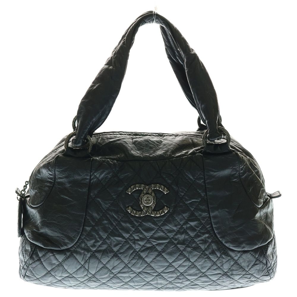 CHANEL シャネル マトラッセ ココマーク ラムスキン レザー ミニボストンバッグ ブラック シルバー金具