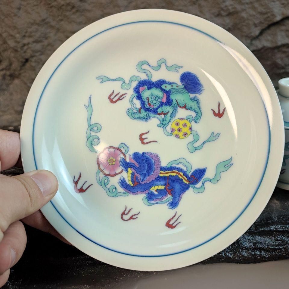 中国茶器 闘彩獅子三才蓋碗 茶器 茶道具 煎茶器 新品未使用