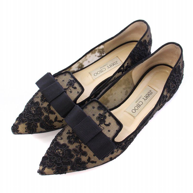 Jimmy Choo 黒 ポインテッドトゥ リボン付き 靴 37